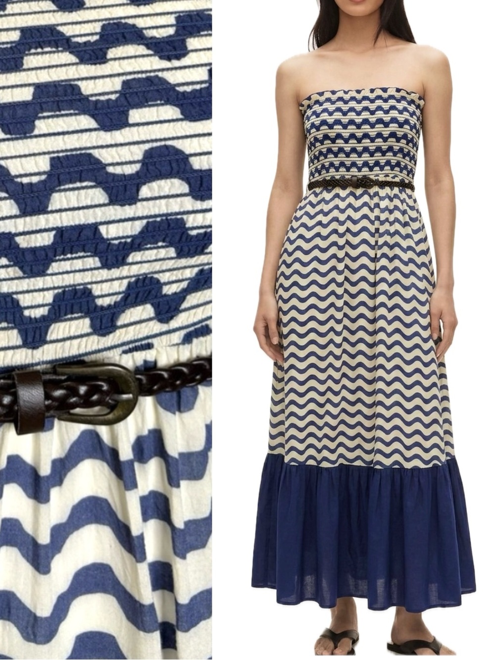 Akualani Zig Zag Striped Strapless Smocked Top Tiered Ruffle Maxi Dress Size M